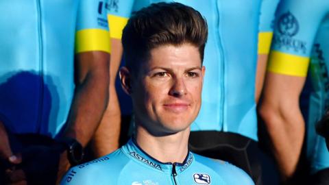 Astana rider Jakob Fuglsang smiles at a team presentation