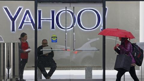 The entrance to the Yahoo office building is seen on Fifth Street in San Francisco