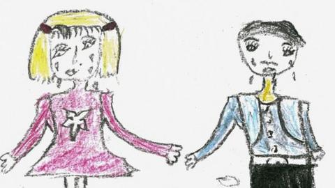 Drawing by Syrian child refugee showing a girl and a boy crying