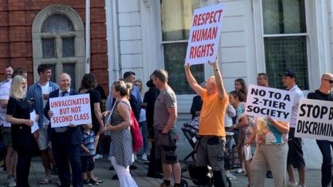 Protesters outside Tynwald building