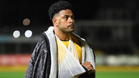 Dragons centre Fetuli Paea with his right arm in a sling after being injured against Sharks