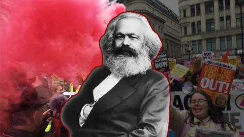 Karl Marx on a background of a socialist march