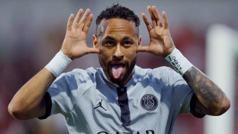 Neymar celebrates opening the scoring for PSG at Clermont