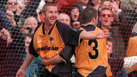 Iwan Roberts celebrates scoring for Wolves