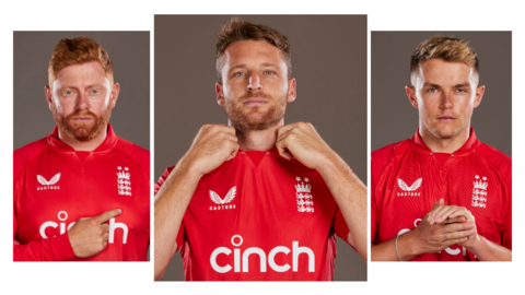 A split graphic showing Jonny Bairstow (left), Jos Buttler (centre) and Sam Curran (right)