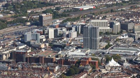 Aerial shot of Swindon town centre