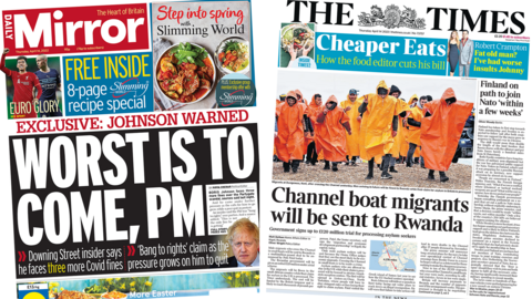 The headline in the Mirror reads, "Worst is to come, PM", while the headline in the Times says, "Channel boat migrants will be sent to Rwanda"