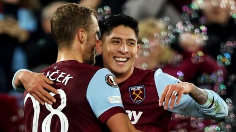 Edson Alvarez celebrates scoring West Ham's second goal against Freiburg