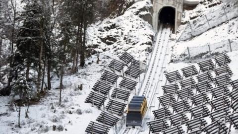 Funicular on snowy mountain