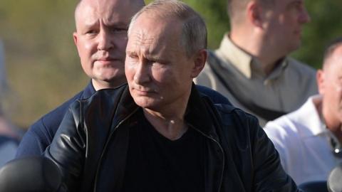 Leather clad Vladimir Putin visists bikers' festival on 10 August 2019