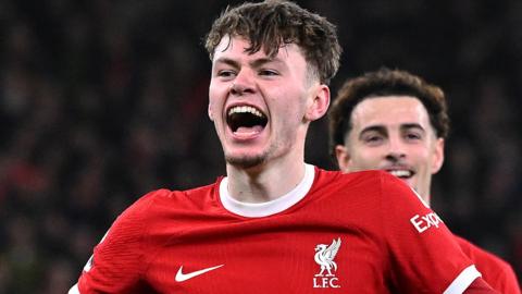 Conor Bradley celebrates scoring against Chelsea at Anfield in January