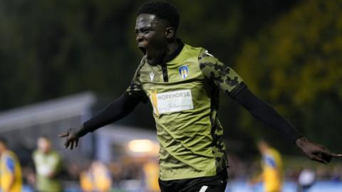 Brendan Wiredu celebrates his goal for Colchester