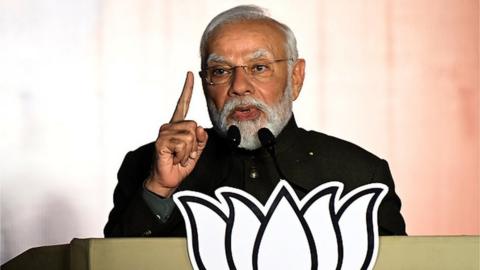 Narendra Modi, India's prime minister, speaks at the Bhartiya Janata Party (BJP) headquarters in New Delhi, India, on Sunday, Dec. 3, 2023.