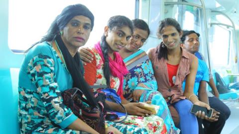 Transgender employees inside one of the new coaches of the Cochin metro