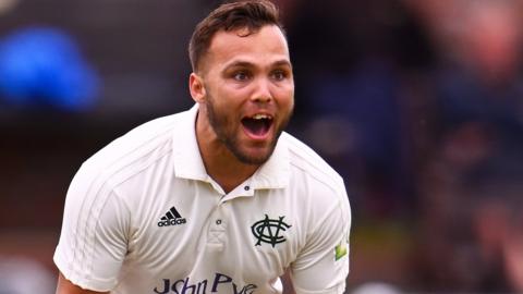 Dane Paterson celebrates a wicket for Nottinghamshire