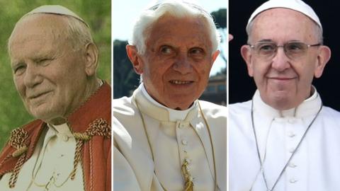 Pope John Paul II, Pope Benedict and Pope Francis