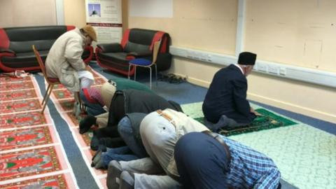 Worshippers at the Ahmadiyya mosque on Sanatorium Road, Cardiff