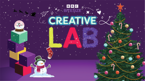 Creative Lab game promo image with colourful title, snowman, snow globe, Christmas tree