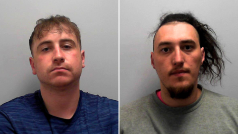 Two custody pictures shown side by side. On the left, a person with short, light brown hair wearing a blue shirt. On the right, a person with longer, dark hair shaved on one side, wearing a grey shirt. Both are photographed against a plain, light background.