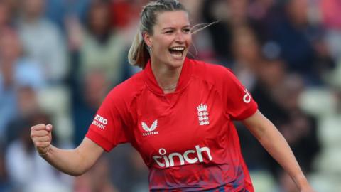 Lauren Bell celebrating a wicket for England