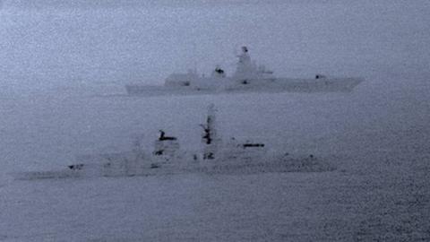 HMS St Albans (foreground) escorts the Admiral Gorshkov through the North Sea in December 2017