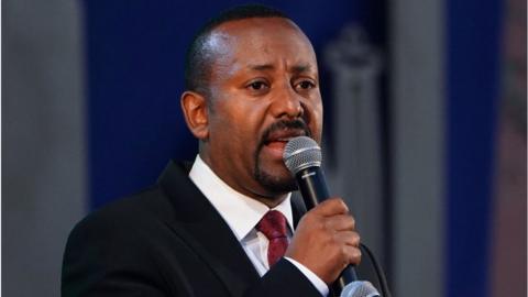 Prime Minister Abiy Ahmed speaking at a rally