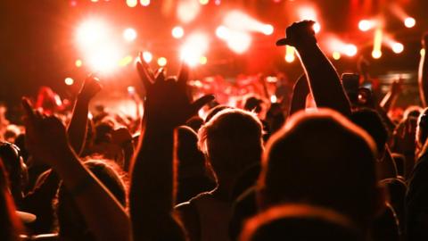 An indoor concert with fans pictured from behind with their hands in the air