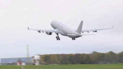RAF Voyager powered by cooking oil takes off