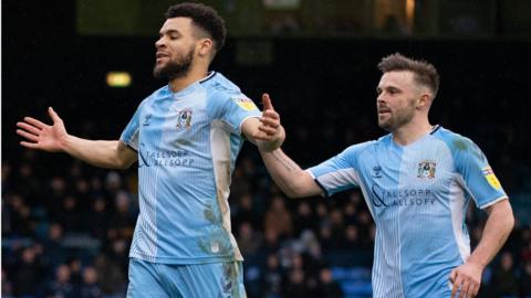 Maxime Biamou and Matt Godden celebrate a goal for Coventry