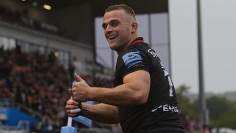 Ben Earl celebrates scoring a try