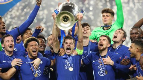 Chelsea players celebrate winning the Champions League final against Manchester City