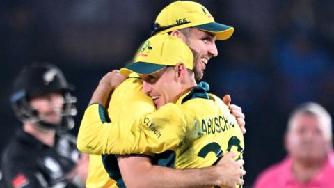 Australia's Marnus Labuschagne and Mitchell Marsh celebrate beating New Zealand