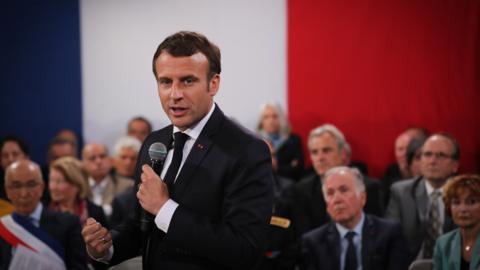 President Macron at a debate in Corsica, 4 Apr 19