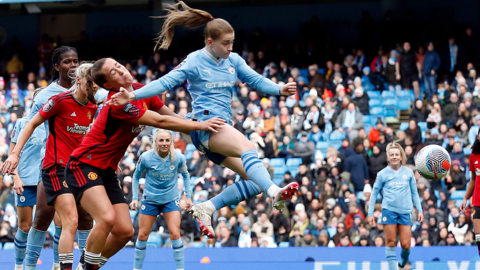 Jess Park scores her second goal for Manchester City against Manchester United in the Women's Super League