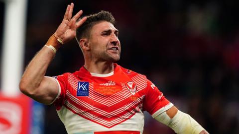 St Helens' Tom Makinson celebrates at the final whistle