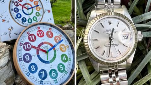 The Oyster & Pop clock (L) and the Rolex Oyster Perpetual Datejust watch