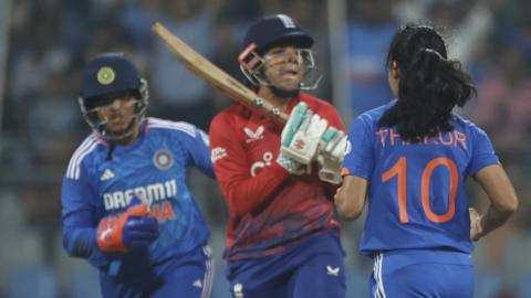Renuka Singh Thakur celebrates after bowling Sophia Dunkley