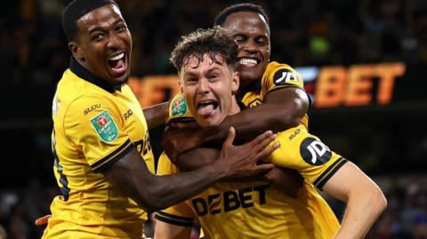 Jorgen Strand Larsen celebrates scoring for Wolves