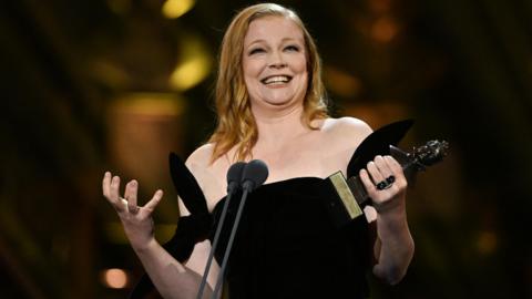 Sarah Snook with the Best Actress award on stage during The Olivier Awards 2024 at The Royal Albert Hall on April 14, 2024 in London, England