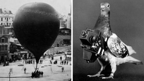 black and white photos of balloon and pigeon with camera