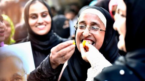 Ladies from Muslim community celebrate after verdict given by the Supreme Court for banning Triple Talaq at Byculla on August 22, 2017 in Mumbai