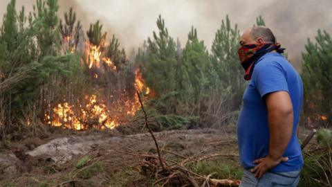 A member of the public helpjng with the fire fighting looks at a forest fire in Gaeiras, Marinha Grande