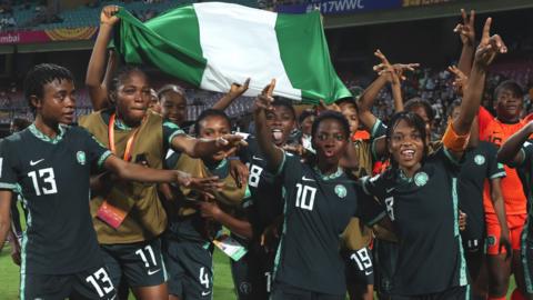 Nigeria celebrate their progress to the semi-finals of the Under-17 Women's World Cup