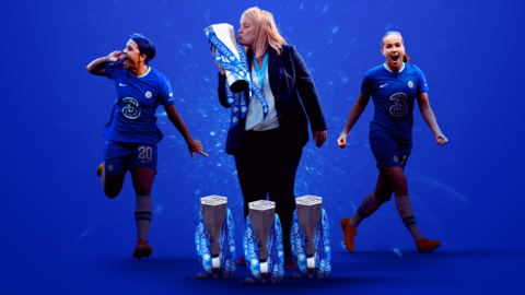 A graphic showing Sam Kerr, Emma Hayes and Guro Reiten with four trophies