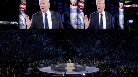 Donald Trump addresses American Israel Public Affairs Committee afternoon general session in Washington. 21 March 2016