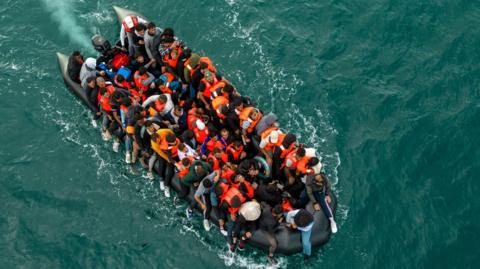 An inflatable dinghy in the English Channel in August 2024 