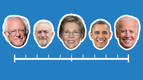 Promo image showing some current Democratic candidates alongside Jeremy Corbyn and Barack Obama.