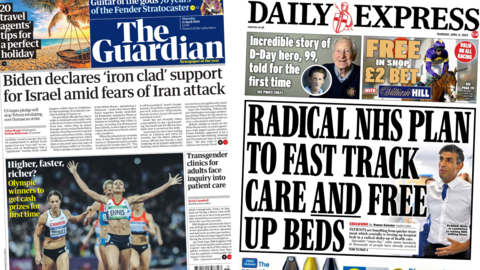 The headline in the Guardian reads: Biden declares 'iron clad' support for Israel amid fears of Iran attack and The headline in the Daily Express reads: Radical NHS plan to fast track care and free up beds