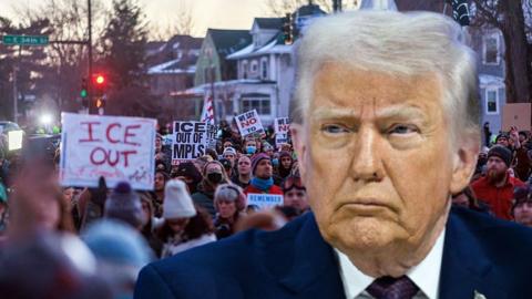 A collage of protests in Minneapolis and photo of Donald Trump