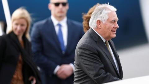 U.S. Secretary of State Rex Tillerson walks towards his vehicle after arriving to the presidential hangar in Mexico City, Mexico February 1, 2018